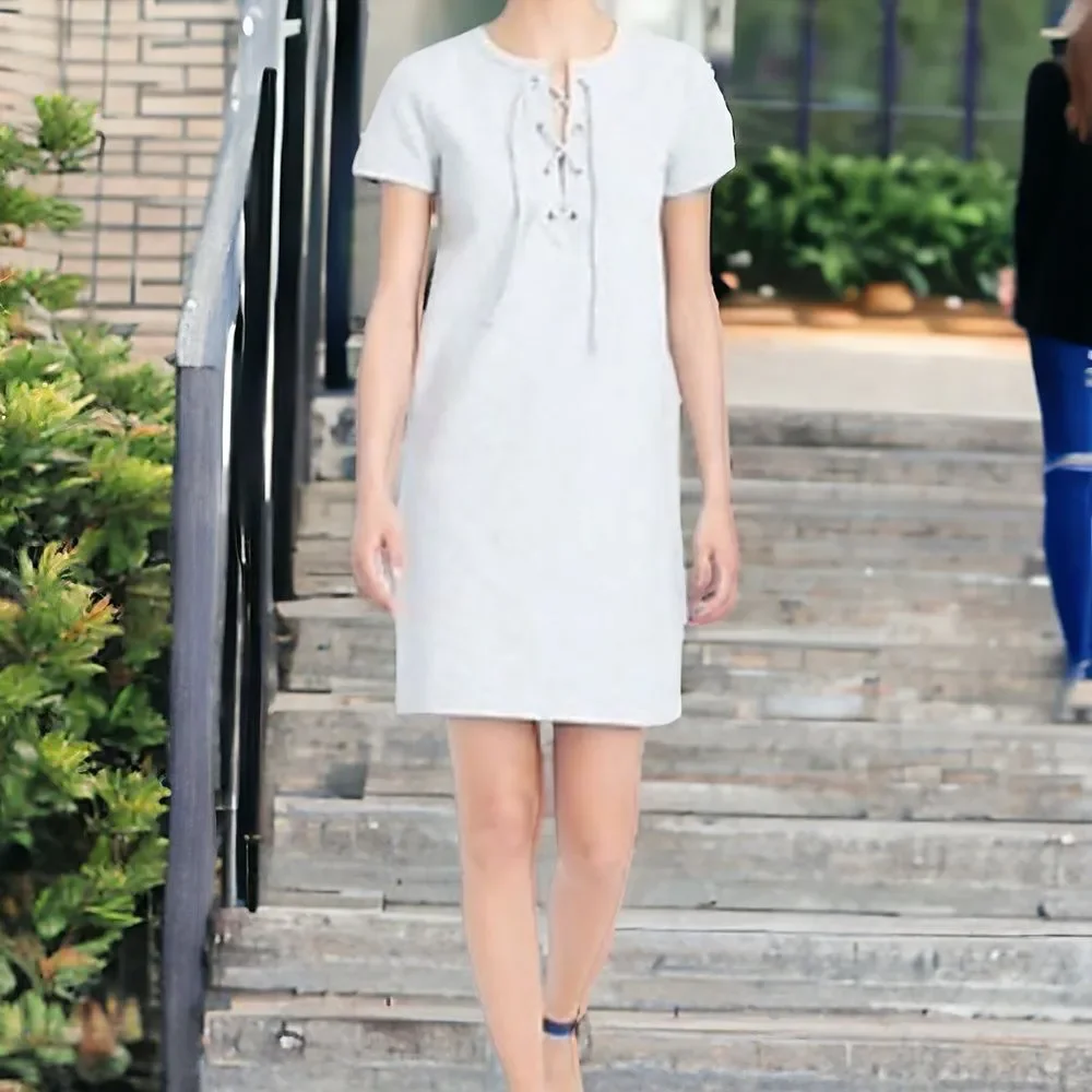 Gray V Neck Lace Up Short Sleeve Cotton Jersey Mini Dress NEW